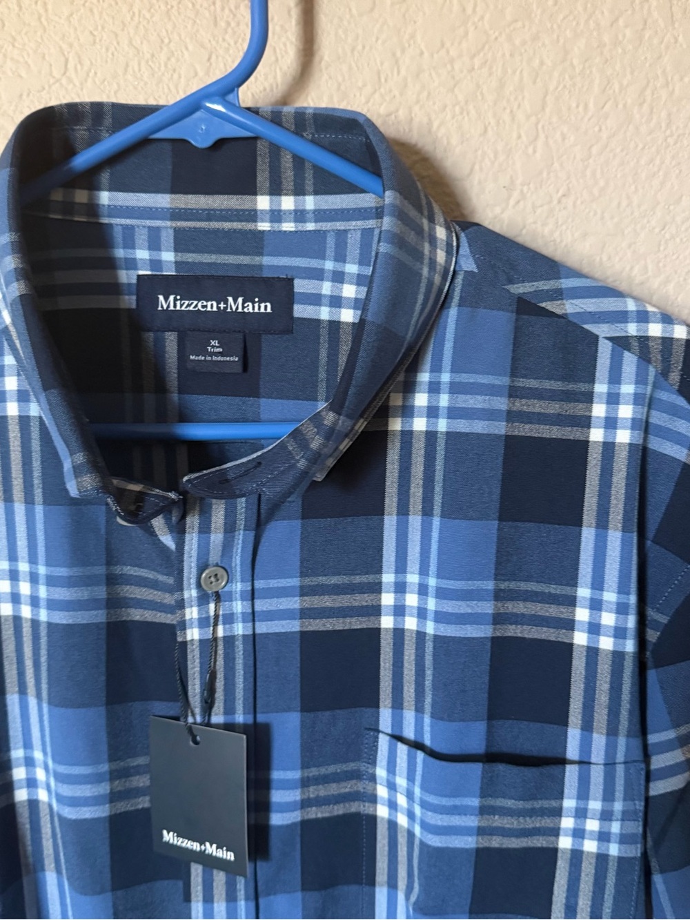 MIZZEN+MAIN Mens XL Long Sleeve Button Front Shirt Blue Plaid City Flannel $148